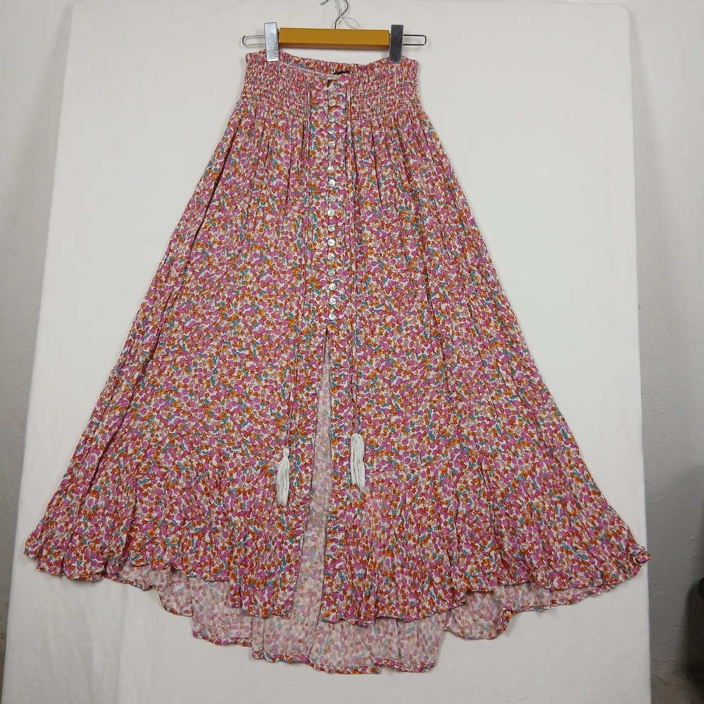 Rachel Zoe Floral Maxi Skirt Smocked Waist Button Front Pink Orange Small